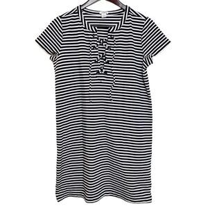J. Crew Striped Lace Up Short Sleeve Dress Navy Blue and White Size Small